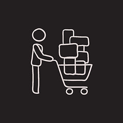 Image showing Man pushing shopping cart sketch icon.