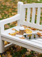 Image showing tablet pc and coffee cup on bench in autumn park