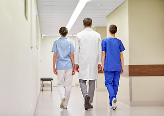 Image showing group of medics or doctors walking along hospital