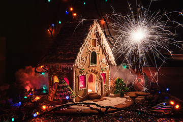 Image showing Gingerbread house with lights