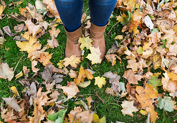 Image showing female feet in boots and autumn leaves