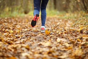 Image showing Girl in sneakers running autumn