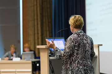 Image showing Public speaker giving talk at scientific conference.