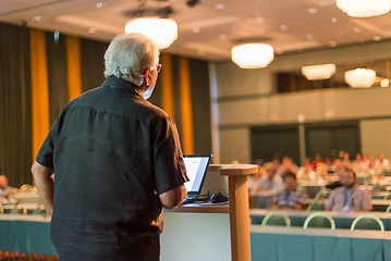 Image showing Senior public speaker giving talk at scientific conference.