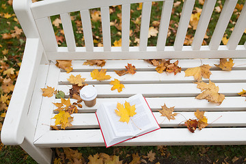 Image showing open book and coffee cup on bench in autumn park