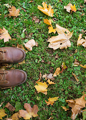 Image showing feet in boots and autumn leaves on grass