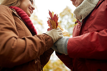 Image showing close up of happy couple with autumn maple leaves