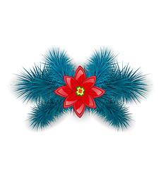 Image showing Christmas composition with blue fir twigs and flower poinsettia,