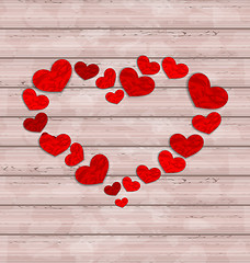 Image showing Wooden background with frame made in hearts for Valentines Day