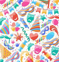 Image showing Festive wallpaper with carnival and party colorful icons and obj