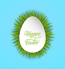 Image showing Happy Easter Paper Card in Form Egg with Green Grass 