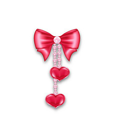 Image showing Pink gift bow ribbon with heart hanging on pearls, isolated on w