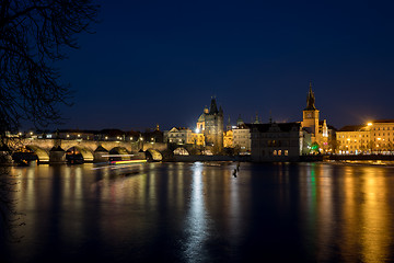 Image showing Night photo of Prague Charles Bridge and Powder tower