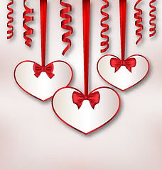 Image showing Set card heart shaped with silk ribbon bows and paper serpentine