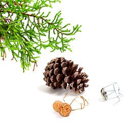 Image showing Branch of decorative home Christmas-tree, big pine cone and cham