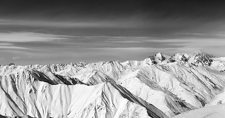 Image showing Black and white panorama of snow winter mountains
