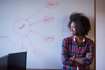 Image showing African American woman writing on a chalkboard in a modern offic