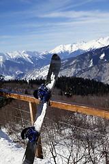 Image showing Snowboards in outdoor cafe at ski resort