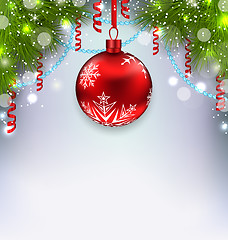 Image showing Christmas glowing background with glass ball, fir branches, stre