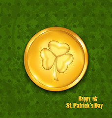 Image showing golden coin with three leaves clover. Grunge St. Patrick\'s backg