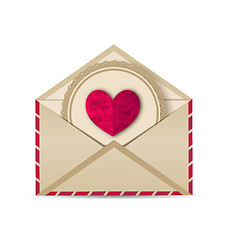 Image showing Paper grunge heart in open old envelope