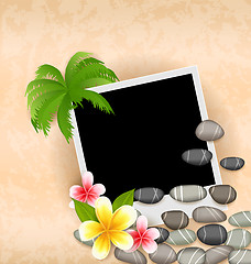 Image showing Exotic natural background with empty photo frame, palm tree, flo