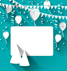 Image showing Celebration card with party hats, balloons, confetti and hanging