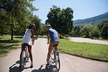 Image showing Young  couple having joyful bike ride in nature