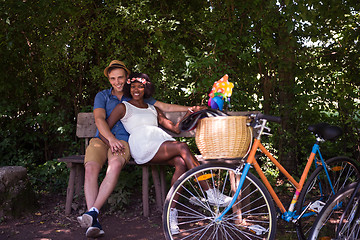 Image showing Young  couple having joyful bike ride in nature