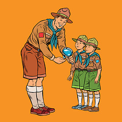 Image showing scoutmaster shows little insect to young scouts