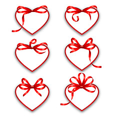 Image showing Set Paper Cards in Form Hearts with Red Bows for Happy Valentine