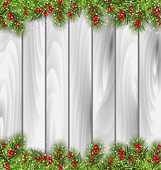 Image showing Wooden Background with Fir Branches and Berrie