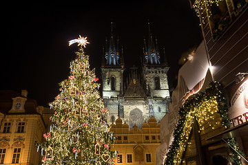 Image showing Night scene of Old Town Square with the Christmas tree in Prague