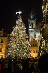 Image showing Night scene of Old Town Square with the Christmas tree in Prague