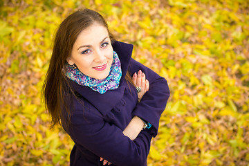 Image showing Top view of a beautiful girl against the backdrop of autumn foliage