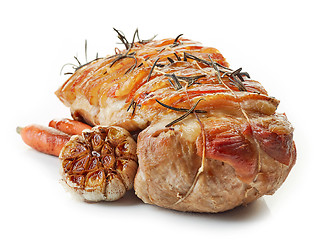 Image showing roasted pork and vegetables on white background