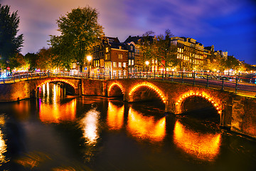 Image showing Amsterdam city view with canals and bridges