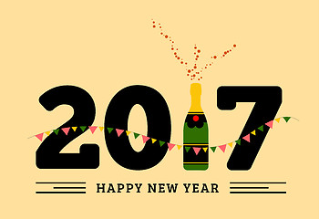 Image showing Congratulations to the happy new 2017 year with a bottle of champagne, flags