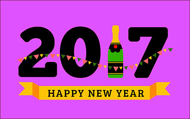 Image showing Congratulations to the happy new 2017 year with a bottle of champagne, flags