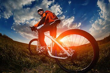 Image showing biker in orange jersey riding on green summer field