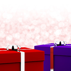 Image showing Red And Blue Gift Boxes With Bokeh Background As Presents For Hi