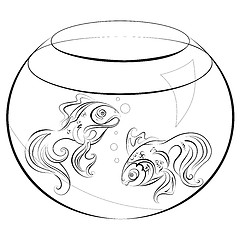 Image showing Illustration no fill color - two stylized goldfish in an aquarium