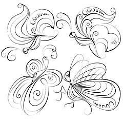 Image showing Illustration - four different butterflies without a fill color on white background