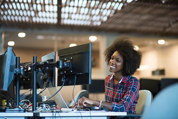 Image showing young black woman at her workplace in modern office