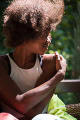 Image showing Close up portrait of a beautiful young african american woman sm