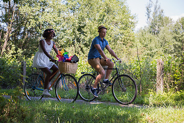 Image showing Young  couple having joyful bike ride in nature