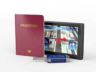 Image showing Passport, car key and navigation device