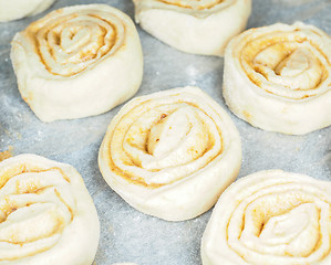 Image showing Closeup of raw cinnamon roll and cinnamon buns on baking paper