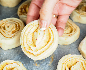 Image showing Closeup of raw cinnamon roll and cinnamon buns on baking paper