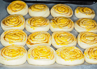 Image showing Closeup of raw cinnamon buns after proofing with egg yolk, on ba